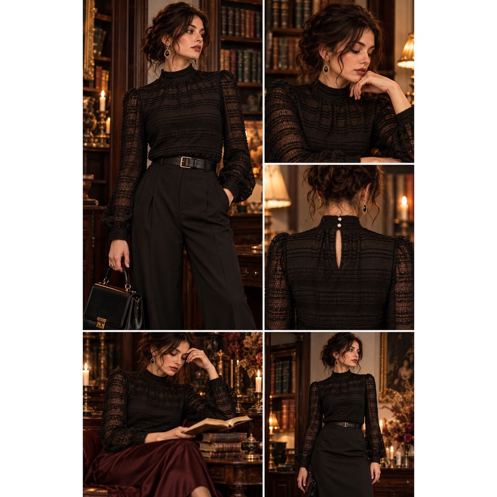 LOFT Women's Lace Textured Mock Neck Long Sleeve Whimsigoth Blouse Black XS NWT